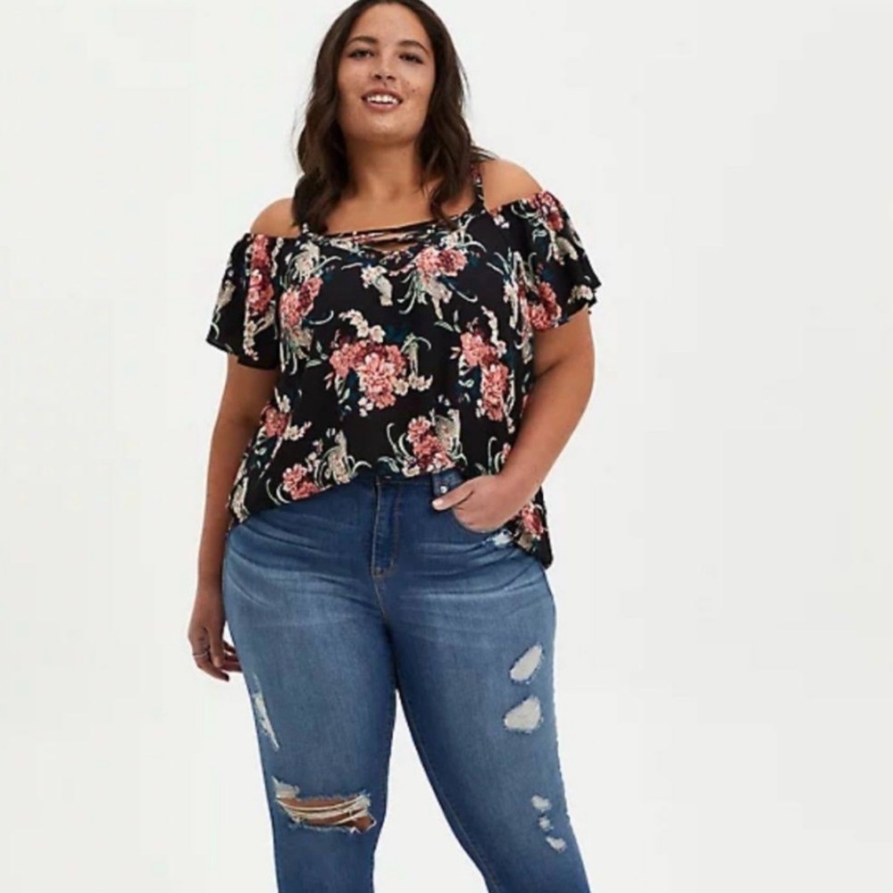 Torrid Georgette Floral Lace Up Cold Shoulder Blouse Taupe Size 0X